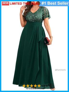 Plus Size Sequin Chiffon Evening Gown V-Neck A-Line Formal Dress